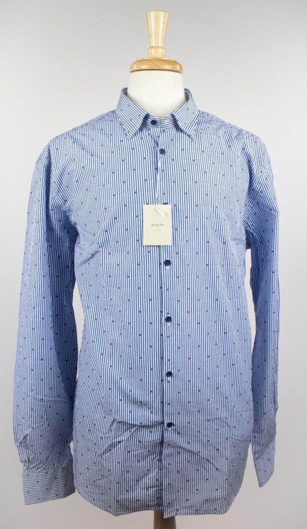 NWT Aglini Men s Black Dots On Blue Stripes 100% Cotton Dress Shirt Size 46 18.5 Discount