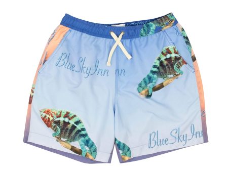 NWT BLUE SKY INN Blue & Coral Chameleon Print Swim Trunks Size M $140 Hot on Sale