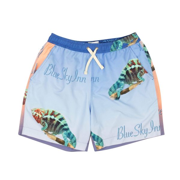 NWT BLUE SKY INN Blue & Coral Chameleon Print Swim Trunks Size M $140 Hot on Sale